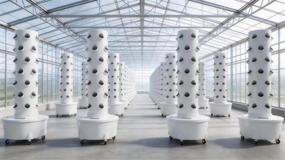 Yunzy 5-tower vertical farming setup in the backyard
