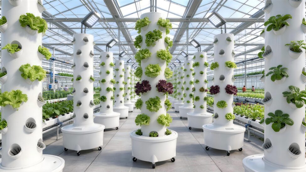 Professional 1000 sq.ft greenhouse layout using Yunzy vertical hydroponic towers